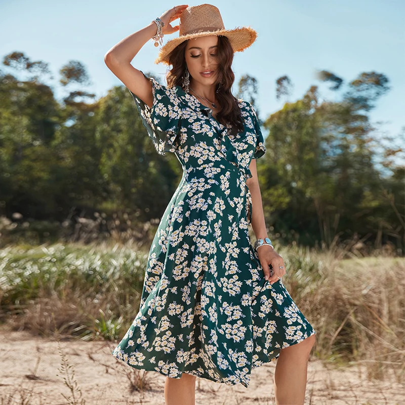 Casual Long Dresses Women Dark Green Elegant V Neck Short Sleeves Midi Skirt Floral Print Chiffon Polyester Lady Dress