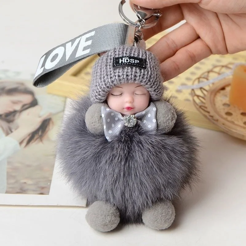 Hot Selling Kawaii Sleeping Baby Doll Keychain Plush Doll Rabbit Fur Keychain Handbag Pendant Christmas Gifts Plush Keychain