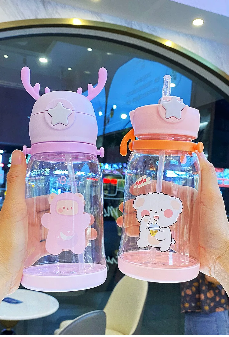 600ml Antler Cup Cute Sports Outdoor Strap Water Bottle Plastic Children Straw Water Cup