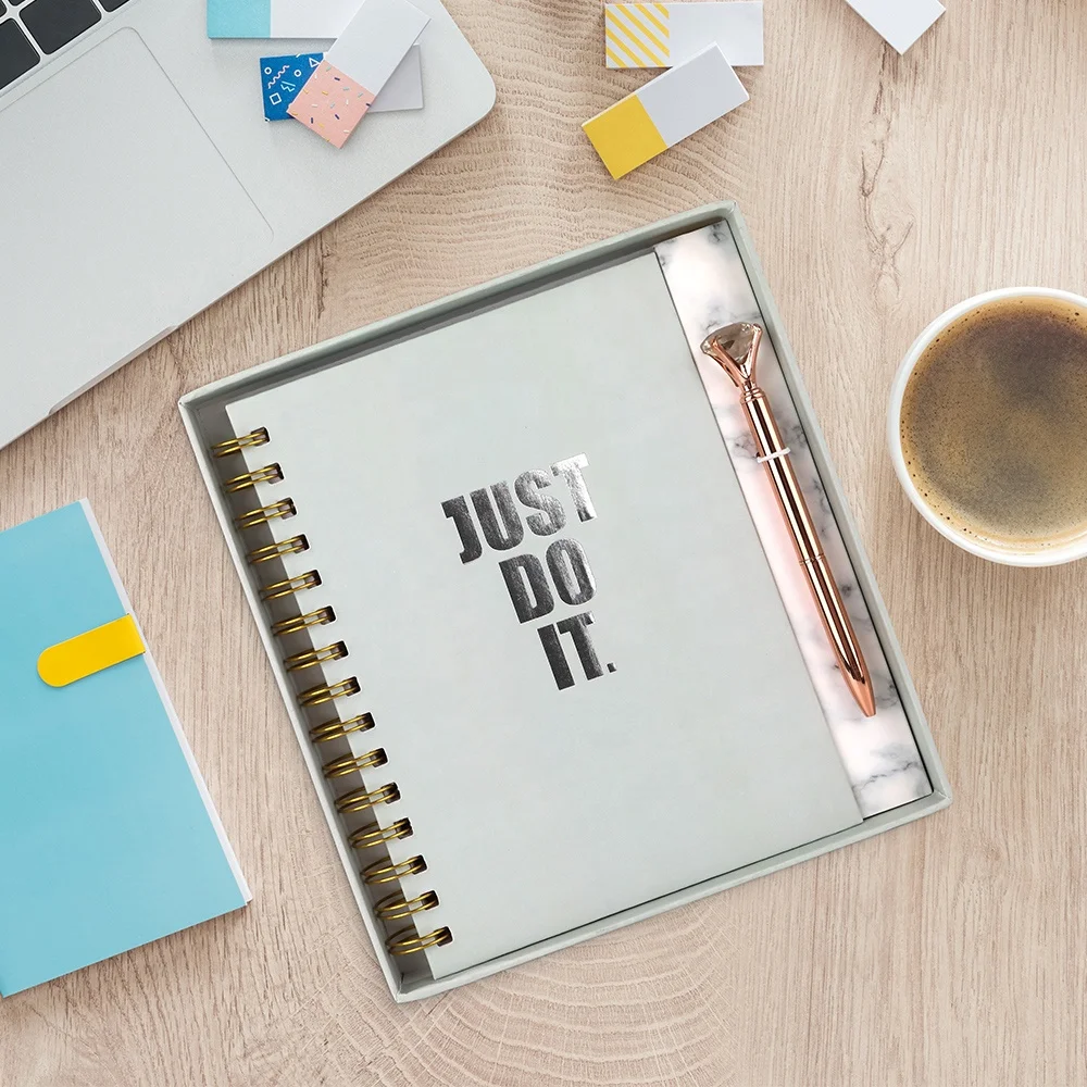 Wholesale High Quality Paper Logo Printed Note Book Stationary Green Spiral Coil Positivity Journal and Pen Set Notebooks