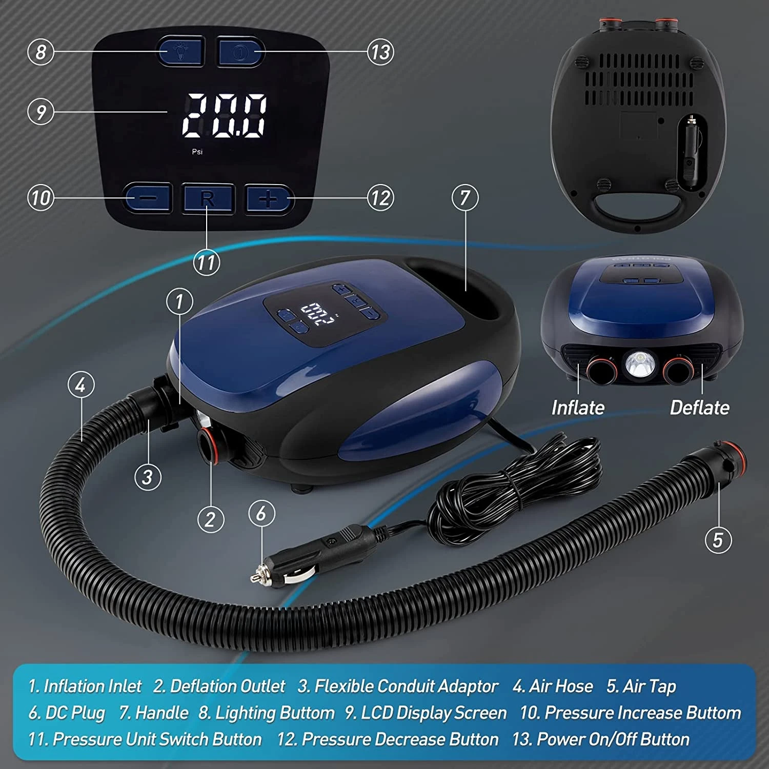 Pressure Max 20PSI Polotrag Car Power Wired Digital 12V DC Electric Sup Air Pump Inflator Surfboard Stand Up Paddle Board Pump