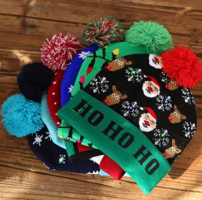 
New Year Christmas Santa Decoration articles cuffed ball knitted knit cap LED Light Lamp cap Ornament 