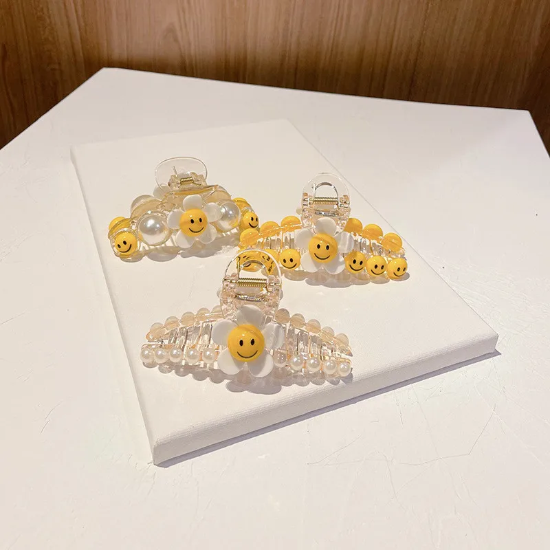 
Mgirlshe Hairclips NonSlip Hair Claw Clips for Women Girls Large Hairgrips for Thick Hair Happy Face Pearls Acrylic Barretes 