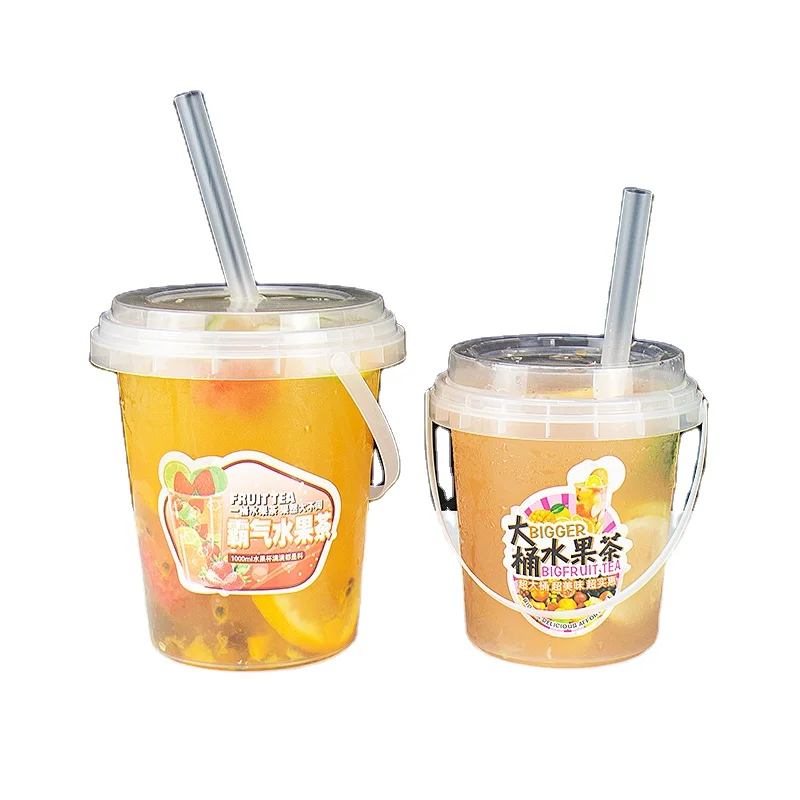 Custom logo printed recyclable disposable 16oz 32oz drink fresh takeaway fruit PP plastic cup buckets with handle and lid