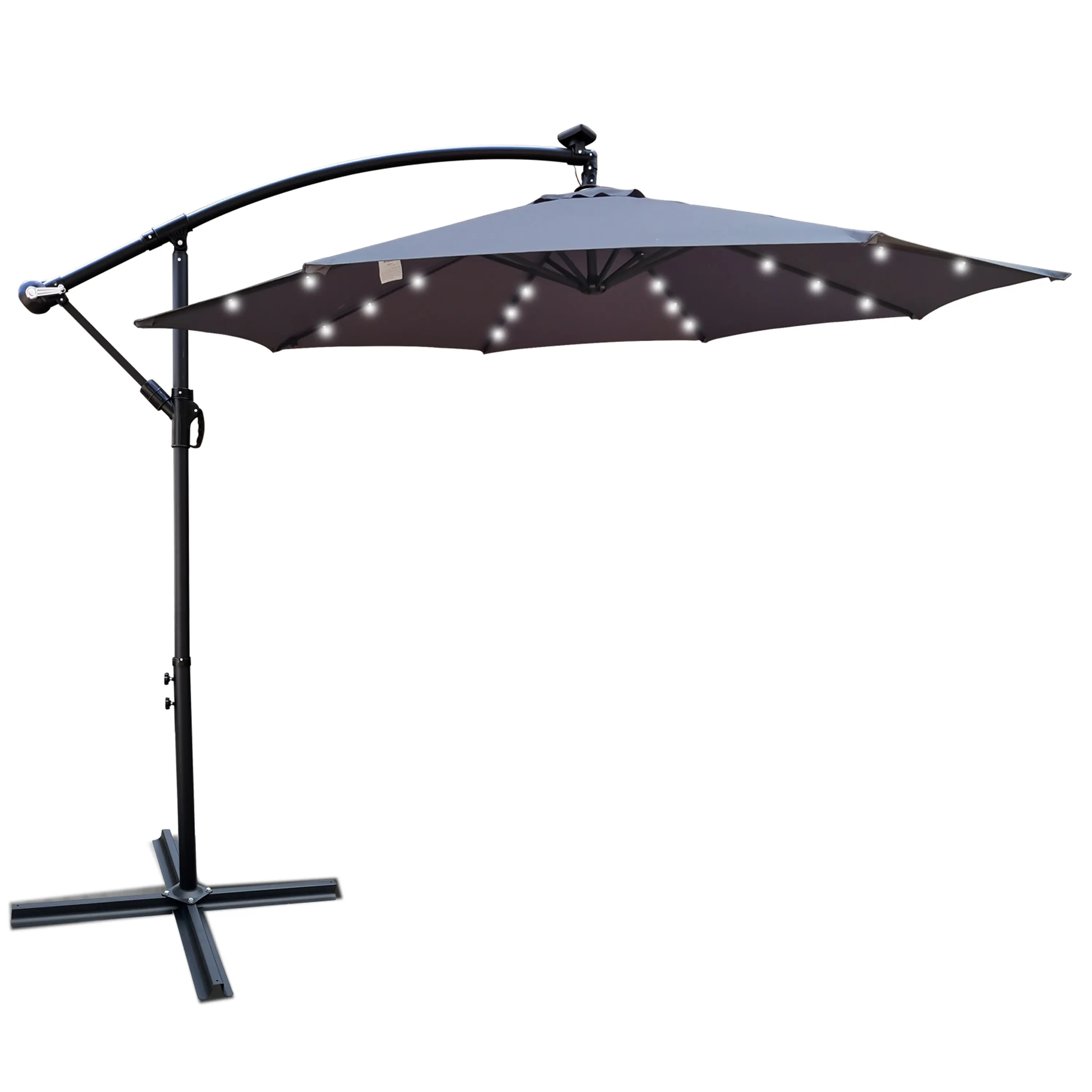 Factory Hanging Cantilever Market Patio Umbrella Offset Patio 10FT Solar LED Outdoor Umbrella Steel Cross Base