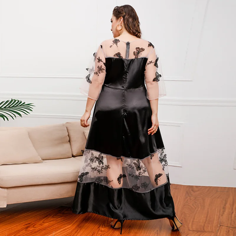 French court style large size mesh lace stitching fat mm can wear a mid-length dress Organza gauze banquet dress