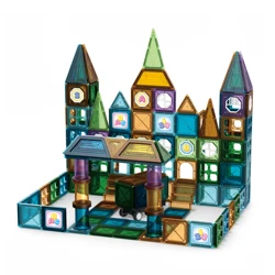 Wholesale low MOQ child DIY multi color assembly castle game 163 pieces magnetic building tiles games 3d blocks