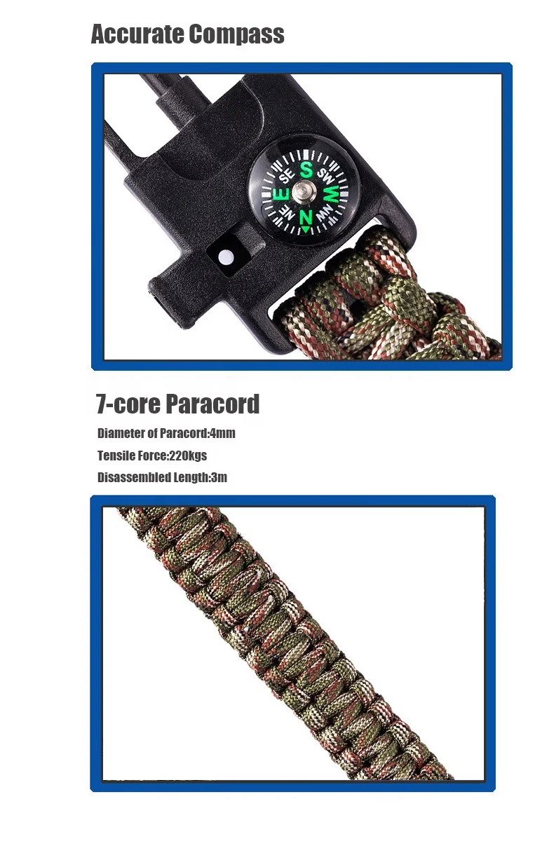 5 IN 1 Parachute Cord Camping Hand Band Flint Knife Compass Tactical Survival Fire Starter Survival Paracord woven Bracelet