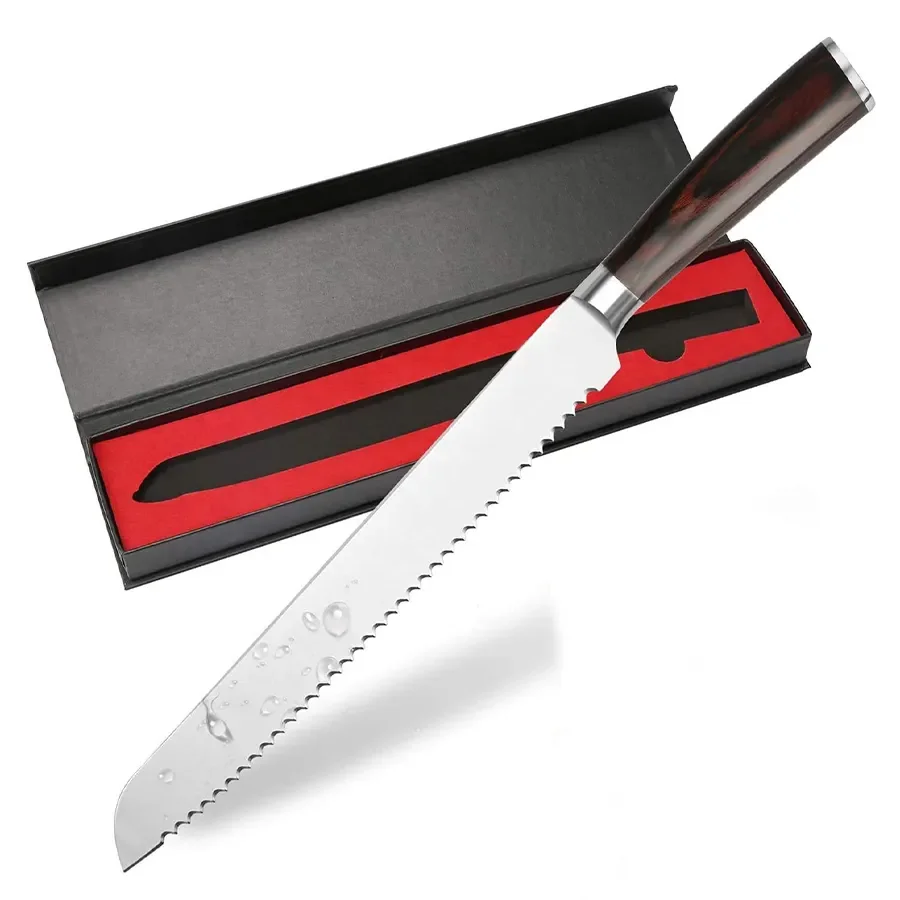 Customised Kitchen 8 Inch Bread Knives Stainless Steel Cake Knives Kitchen Serrated Bread Knife  Pakka Wood