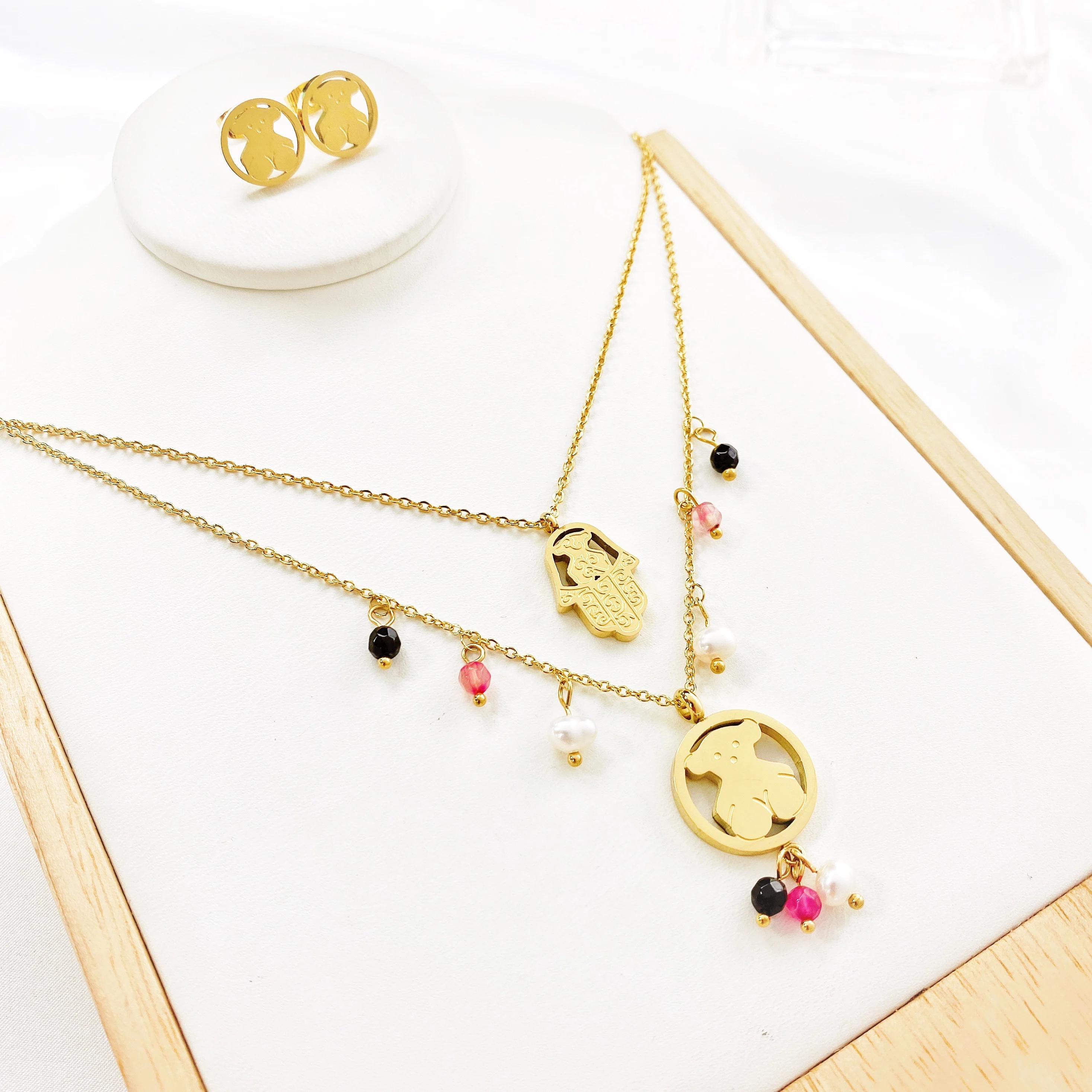 
Fashion Pearl Pendant Necklace Cute Double Chain Bear Titanium Steel Necklace Rose Gold Pendant Jewelry Gifts mama necklace 