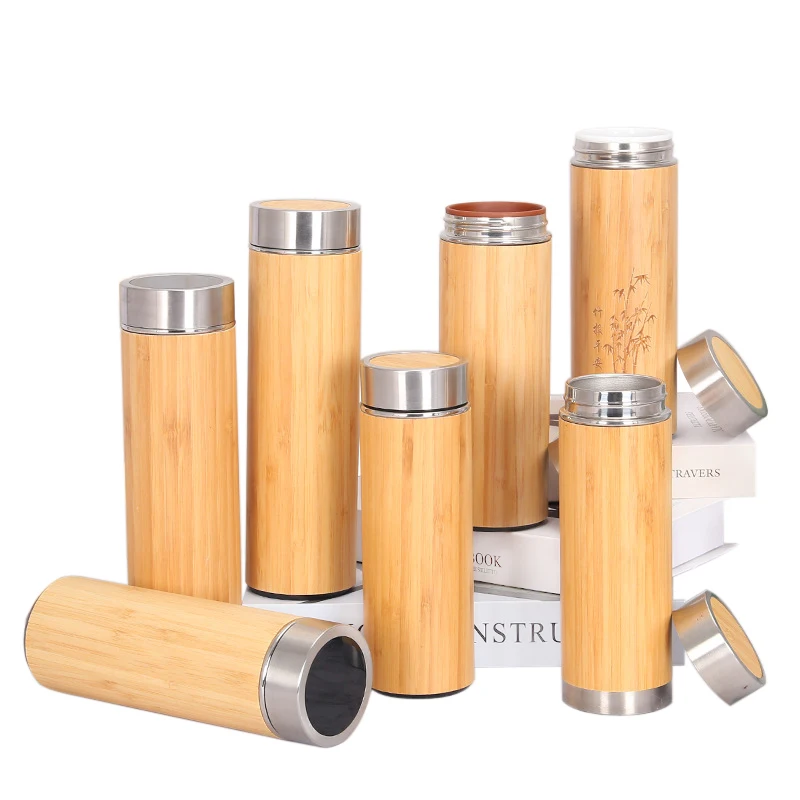 2024 Smart bamboo water bottle double wall stainless steel  bottle bamboo thermoses with LED Temperature Display