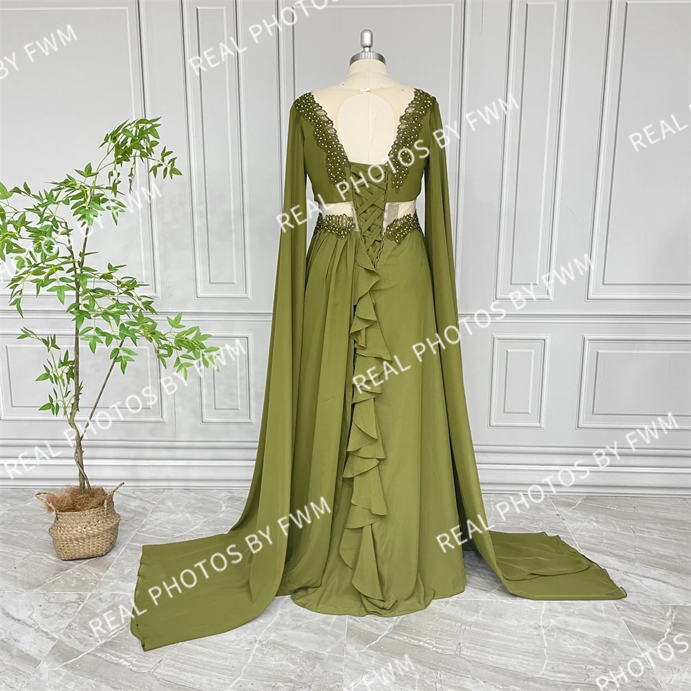 100% Real Photos High Quality Green Leaf Appliques Cut Out Long Sleeves Special Events Dress For Women Celebrity Evening Gown