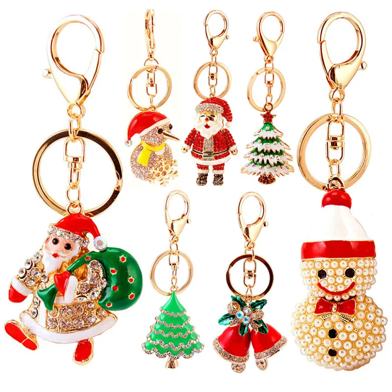 Festival Series Christmas Gift Rhinestone Pendant Santa Claus Tree Elk Red Bell Snowman Snowflake Guitar Old Man Apple Keychain