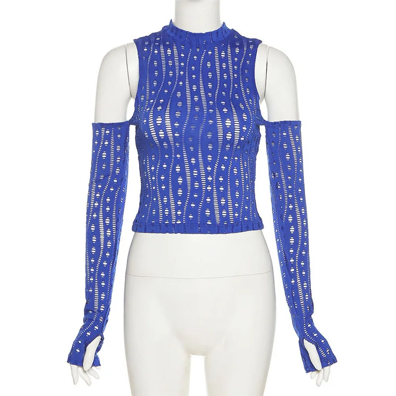 A03685C Puss Y2K Sexy Hollow See Through Crop Top Women Long Sleeve T-Shirt Autumn Wild Casual Streetwear Stretch Skinny Tee