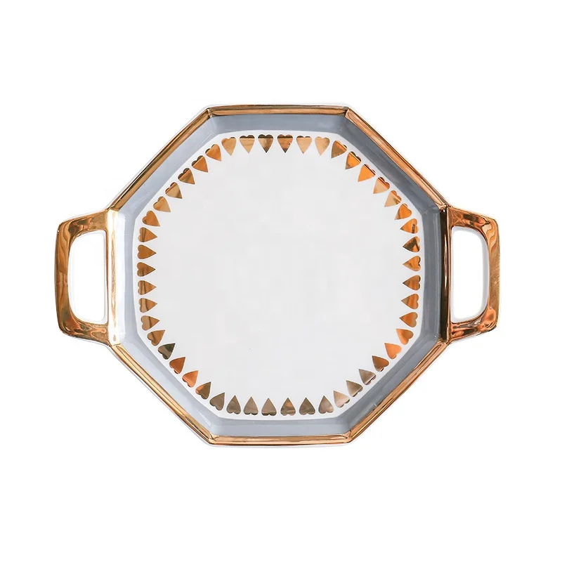 Wholesale Oem Welcome Gold Heart Pattern Octagon Plate Dinner Set Luxury Fashion Wedding Party Dinnerware Plates And Bowls