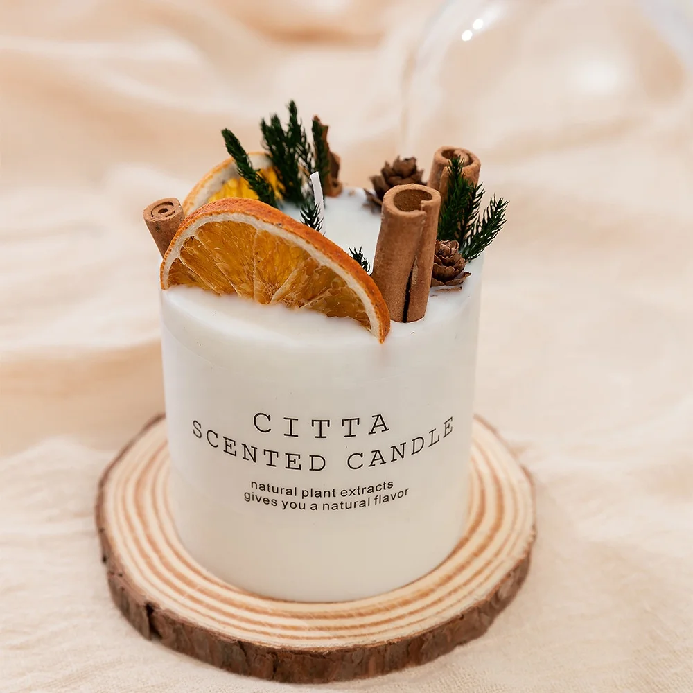 
Handmade floral design lemon fruit dried flower scented candle with gift box 