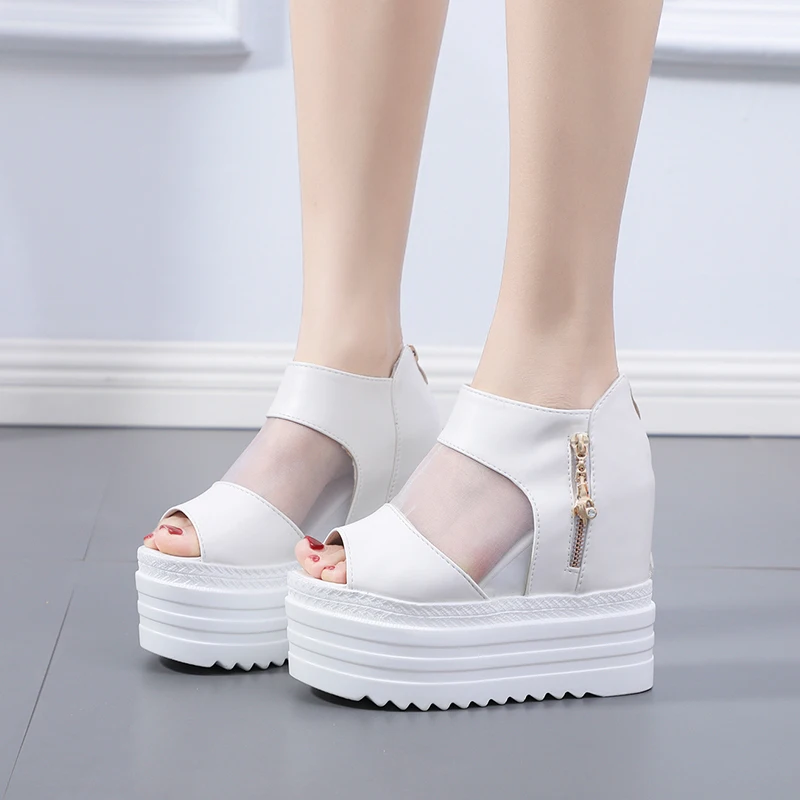 
Summer new style mesh wedges with fish mouth sandals breathable platform high heeled black women sandals 