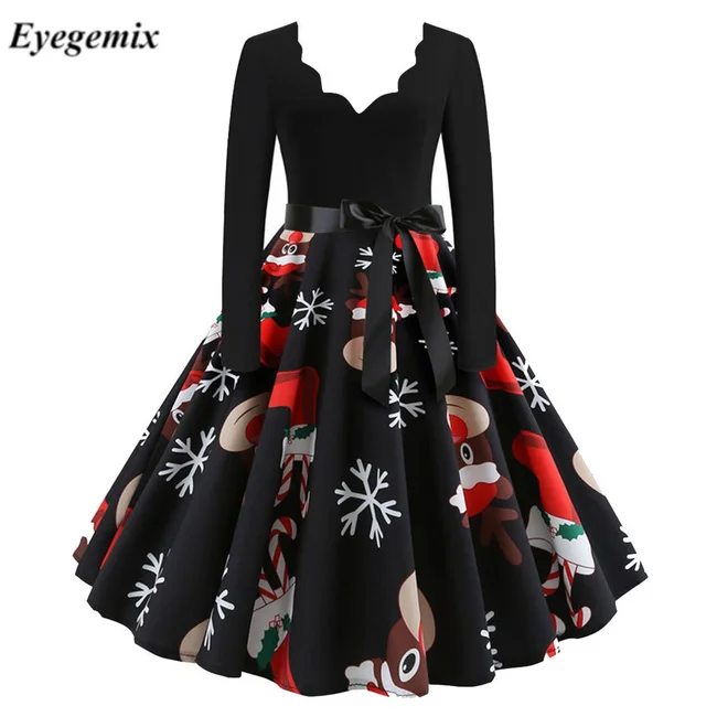 Women Christmas Cosplay Costumes Vintage Holiday Party Elk Snowflake Print Dress New Year 2025