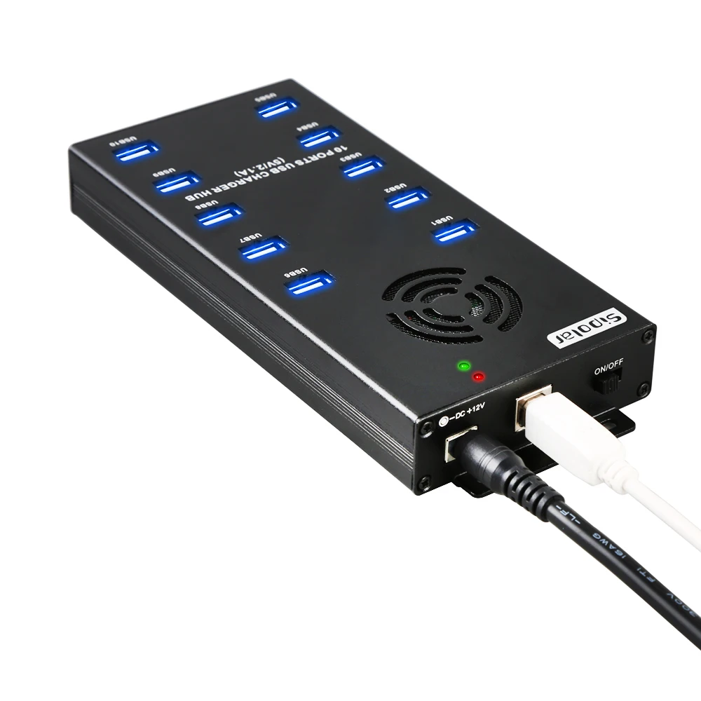 Sipolar Shenzhen manufacturer 2.1A output 10 port USB 2.0 charger hub with 120W power adapter for SDD HDD dongles 3G 4G modem