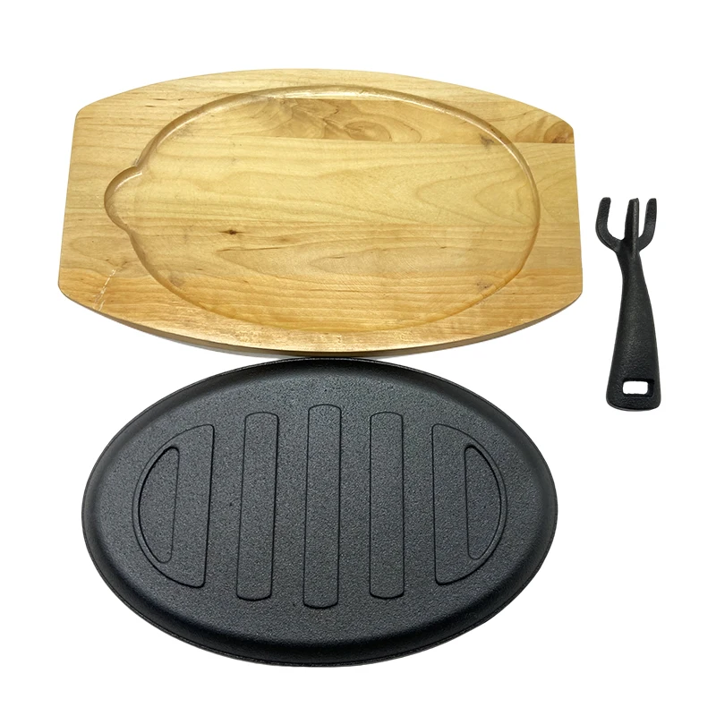 Cast Iron Vegetable Oil Oval Shape Fajita Pan Steak Plate With Removable Handle And Wooden Board