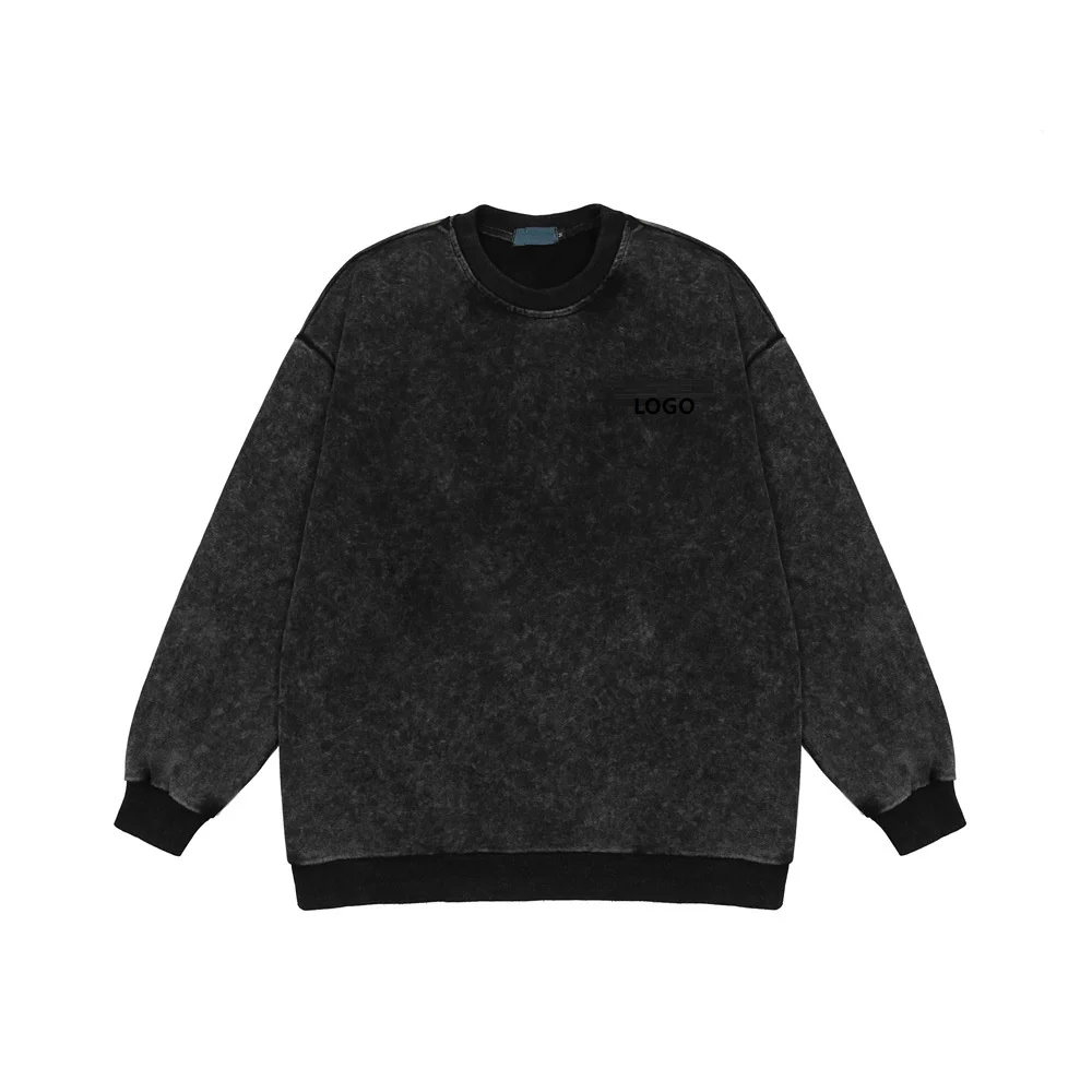 Custom Oversized Crewneck Cotton Sweatshirt Vintage Washed Heavyweight Thick Unisex Sweatshirt Black Hoodies Sweatshirts Jumper