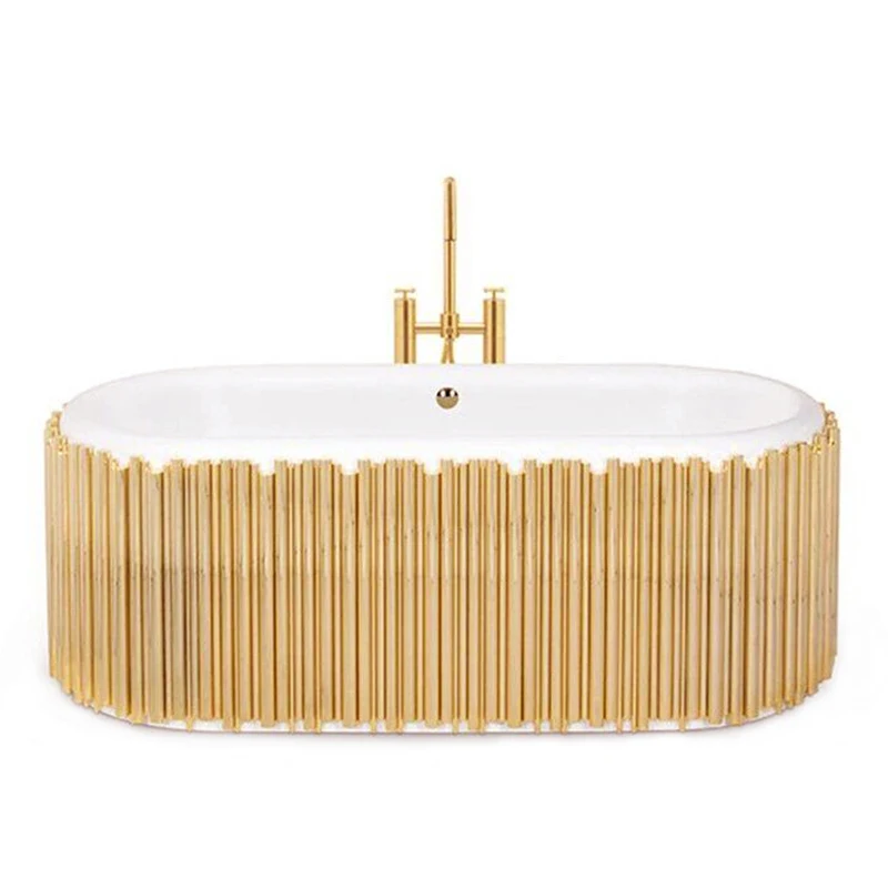 Modern Luxury Simple Bathtub Furniture Gold Stainless Steel Oval Soaking Tub Freestanding Acrylic Bathtub Space-Saving Bathroom