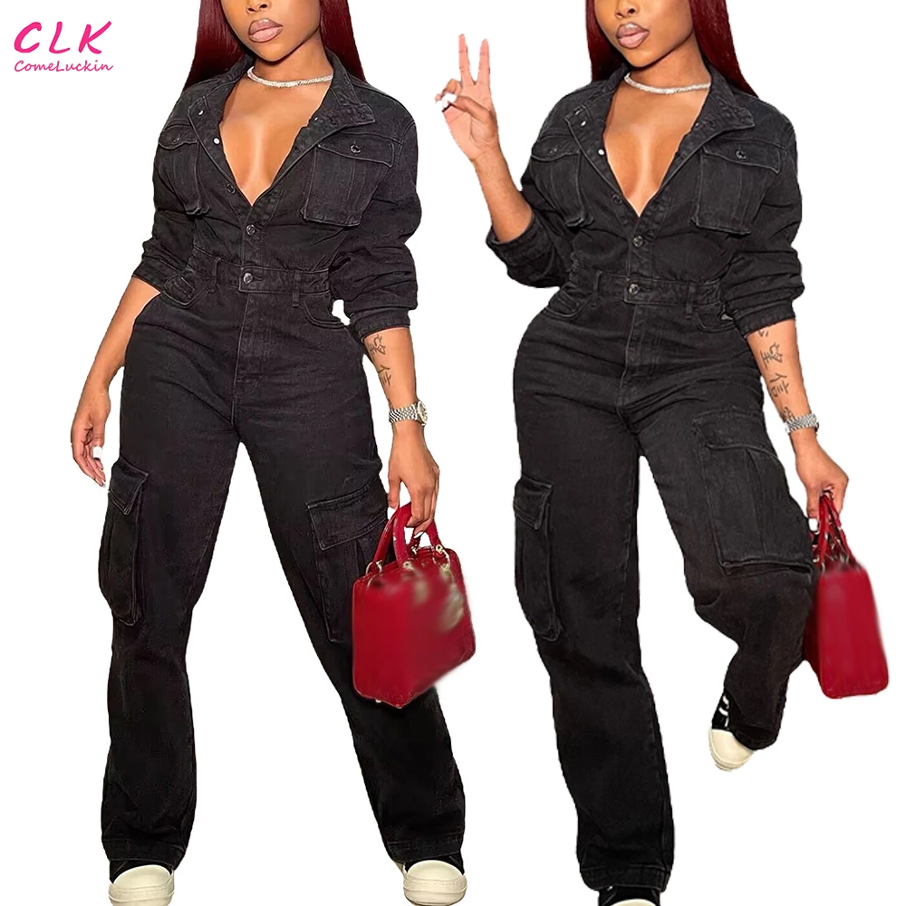 Custom Logo New Women Denim Pocket Front Turn-down Collar Long Sleeve Wide Leg Jean Jumpsuit Fashion One Piece Suit