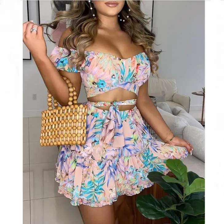 Women Off Shoulder Floral Print Top & Frill Hem Skirt Set Ruffle Tie Vacation Casual Cute Clothing 2PCS Floral wrap hip skirt
