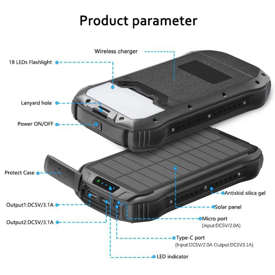 2023 New IP65 Waterproof Power Bank 20000mAh Wireless Dual USB Solar Power Bank