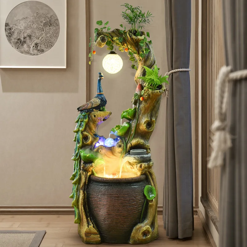 Chinese Style Peacock Zen Rockery Flowing Water Fountain Landscape Fortune-giving Gift Ornaments Root Carving Feng Shui Ball