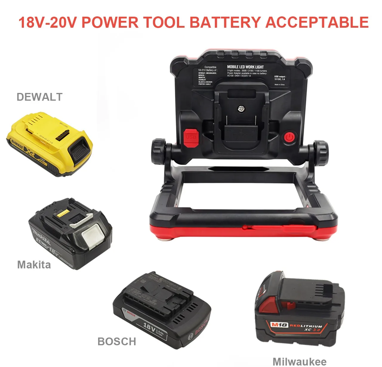 24W 30W Rechargeable Cordless IP65 LED Work Light Compatible with 18-21V Battery LED Working Light