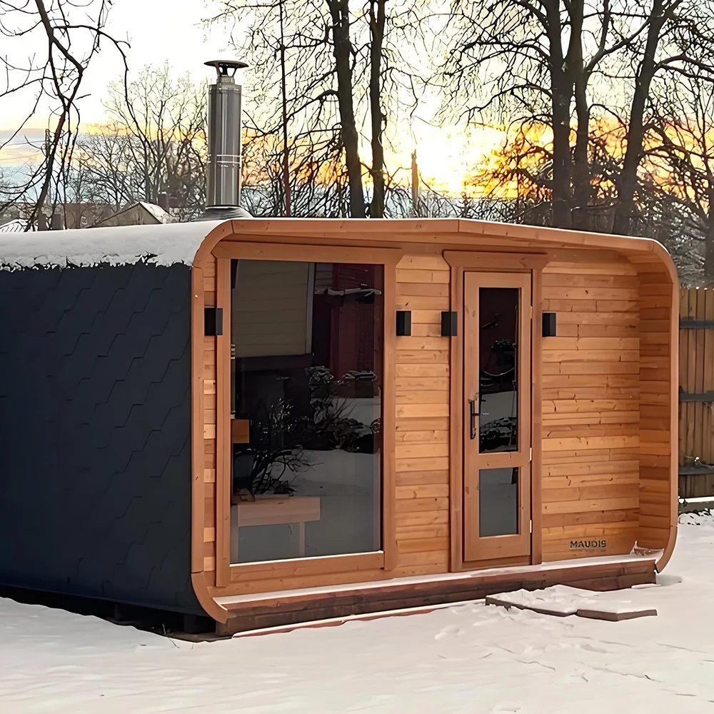 Enjoytech New Cube Sauna Room-Red Cedar Wood Large Outdoor Sauna Room with Lights and Speakers In Sale