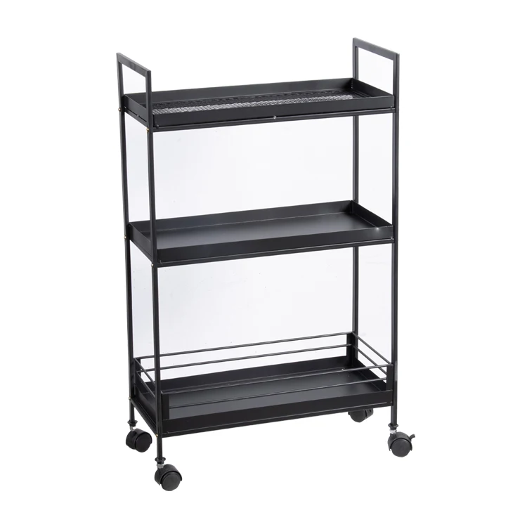 K&B metal black storage rack shelf hotel cart trolley drinks service 3 tiers kitchen rack trolley for home