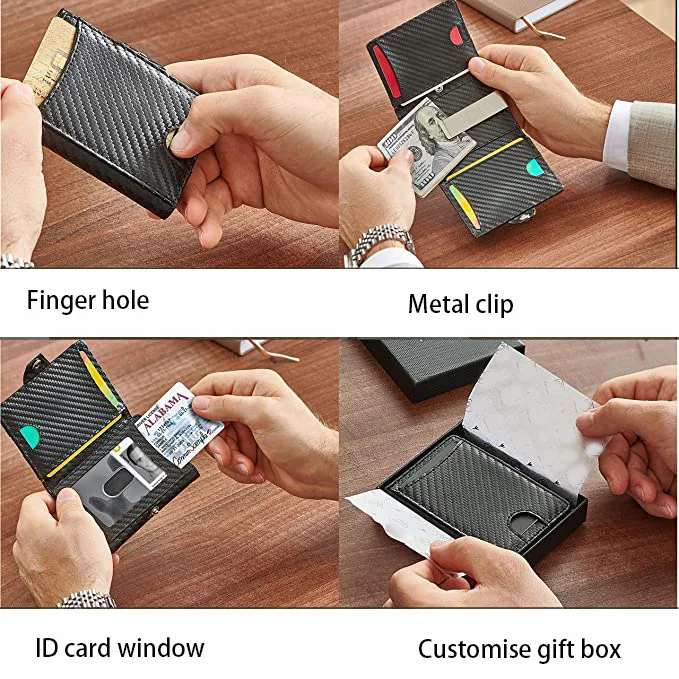 Slim RFID anti thief cards holder leather Wallet new custom,money clip mens purse carbon fiber clip wallet for Men