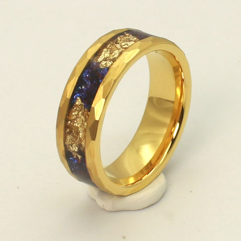 Unisex 8mm Tungsten Hammer Faceted Ring 18K Gold Plated Purple Foil Classic Elegant Design Engagement Anniversary Party Gift
