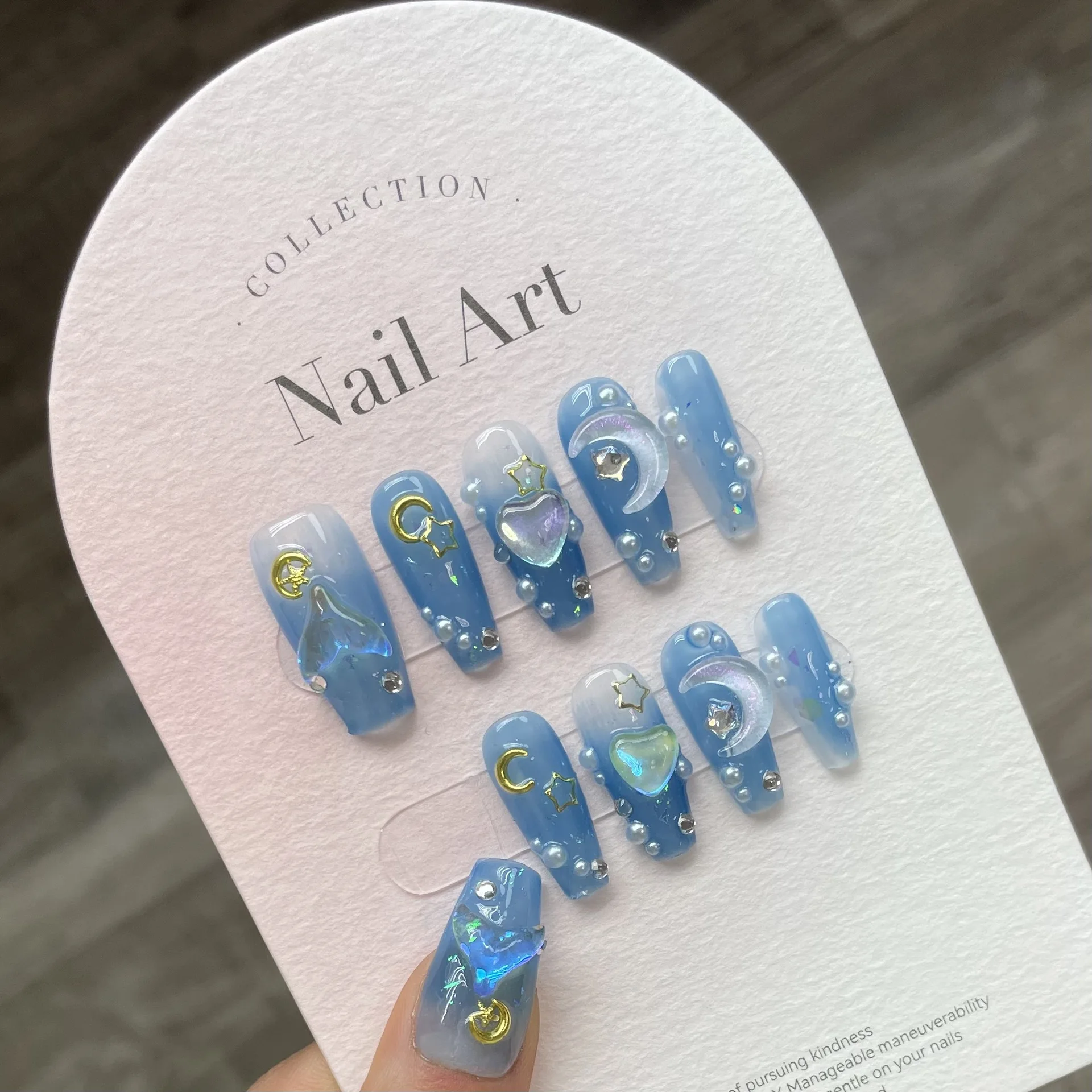 866 blue sky moon night beautiful fake nails multi-design Heart Pearl French Tip Nails Acrylic Stick On Nails
