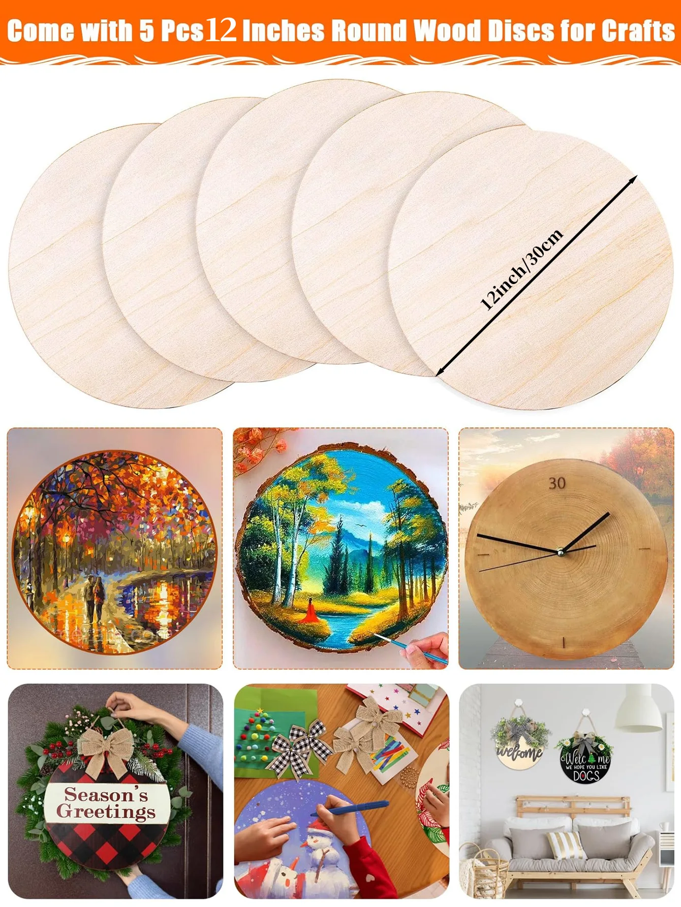 5pcs 30 cm round Wooden Crafts Door Hanging Sign Blank for Wreath Board Painting Holiday Decoration Stand Included