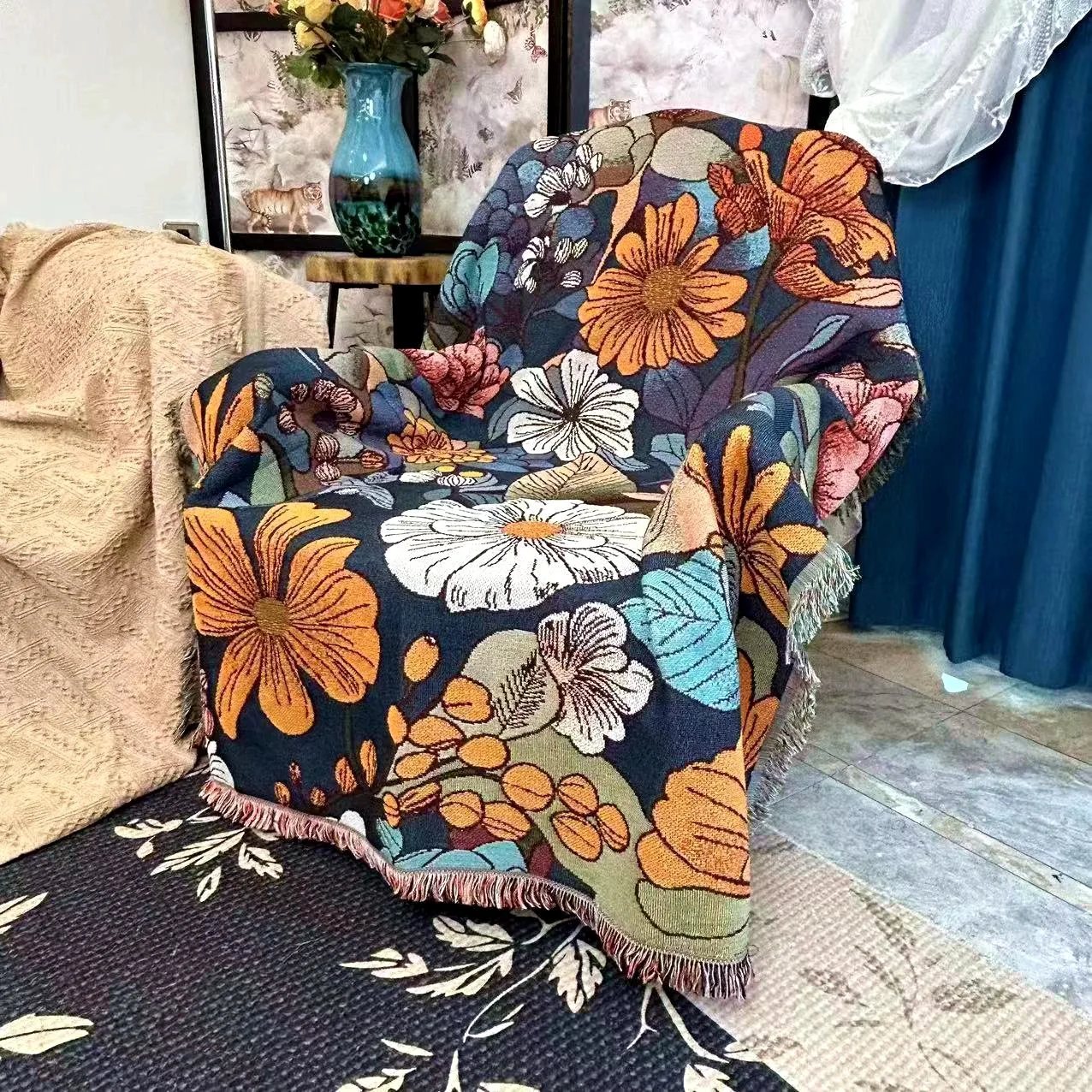 Flower Throw Blanket Reversible Cotton Polyester Bohemian Tapestry Hippie Room Decor Outdoor Camping Blanket