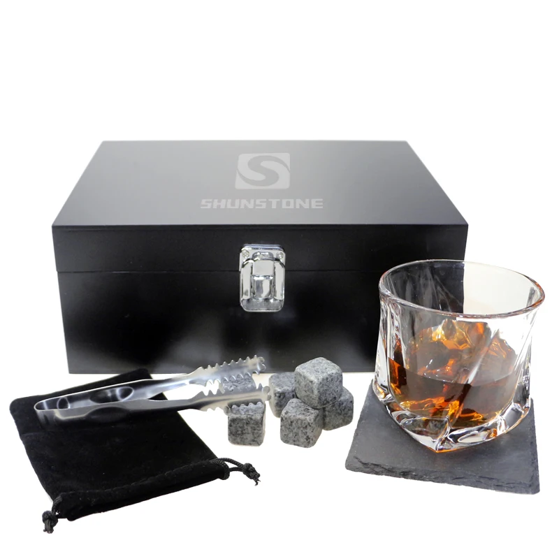 Whiskey Stones Gift Set with a tray  Rocks Chilling Stones and Glasses Gift in Wooden Box