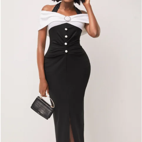 Casual Dress 2022 Off Shoulder Decorative Button Black Contrast Dress