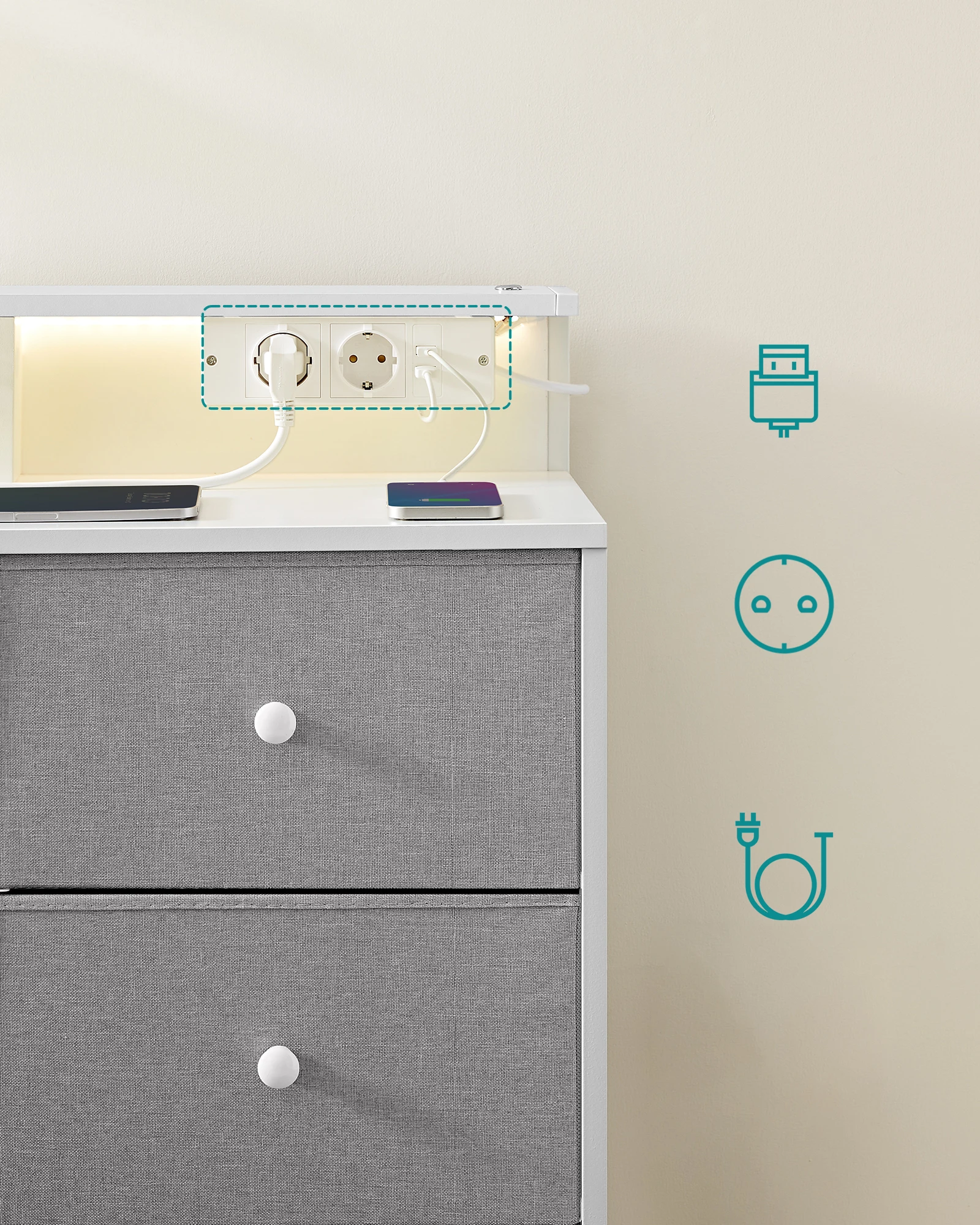 SONGMICS Charge Vertical Customizable Chest of Drawers with LED lights Modern 9-Drawer Fabric Storage Tower Dresser