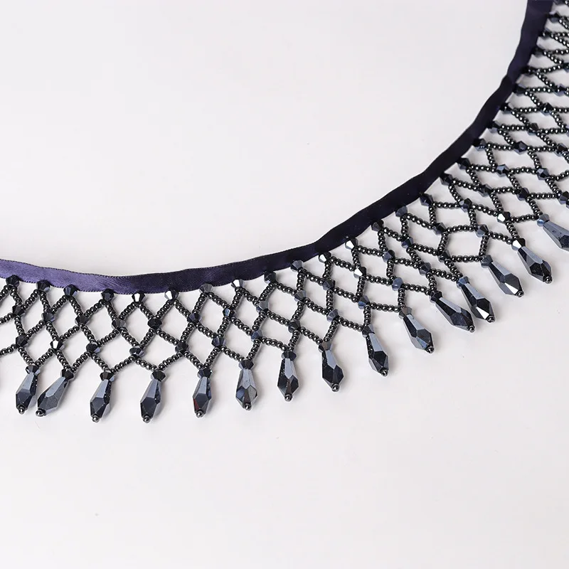 LS983 Hot Sale Fashion 5 CM Iridescent Glass Crystal Beaded Lace Trim Mesh Weaving Fringe Tassel Trim