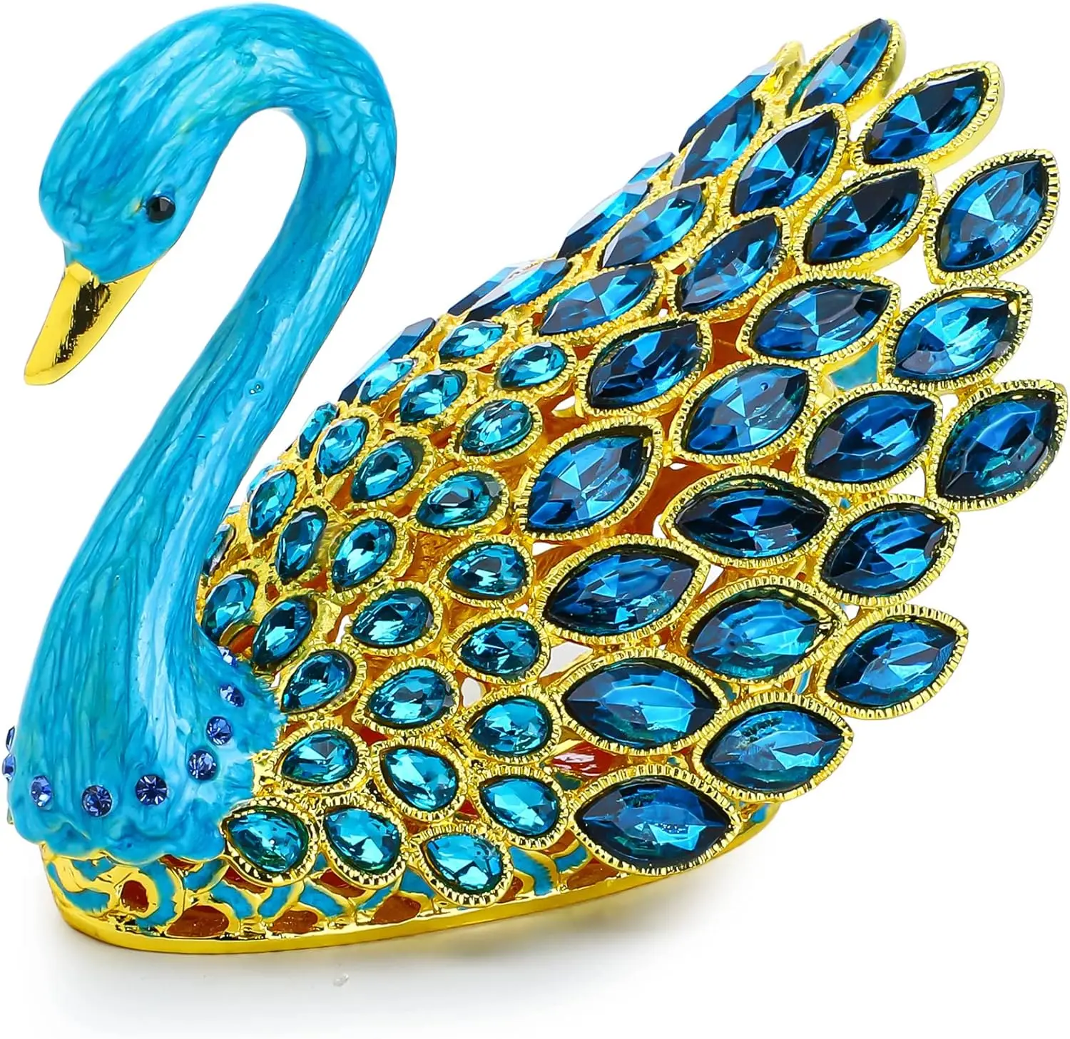 3.7inch Enamel Blue Gems Swan Trinket Box Hinged Hand-Painted Jewelry Storage Animal Figurine Collectible Wedding Gift