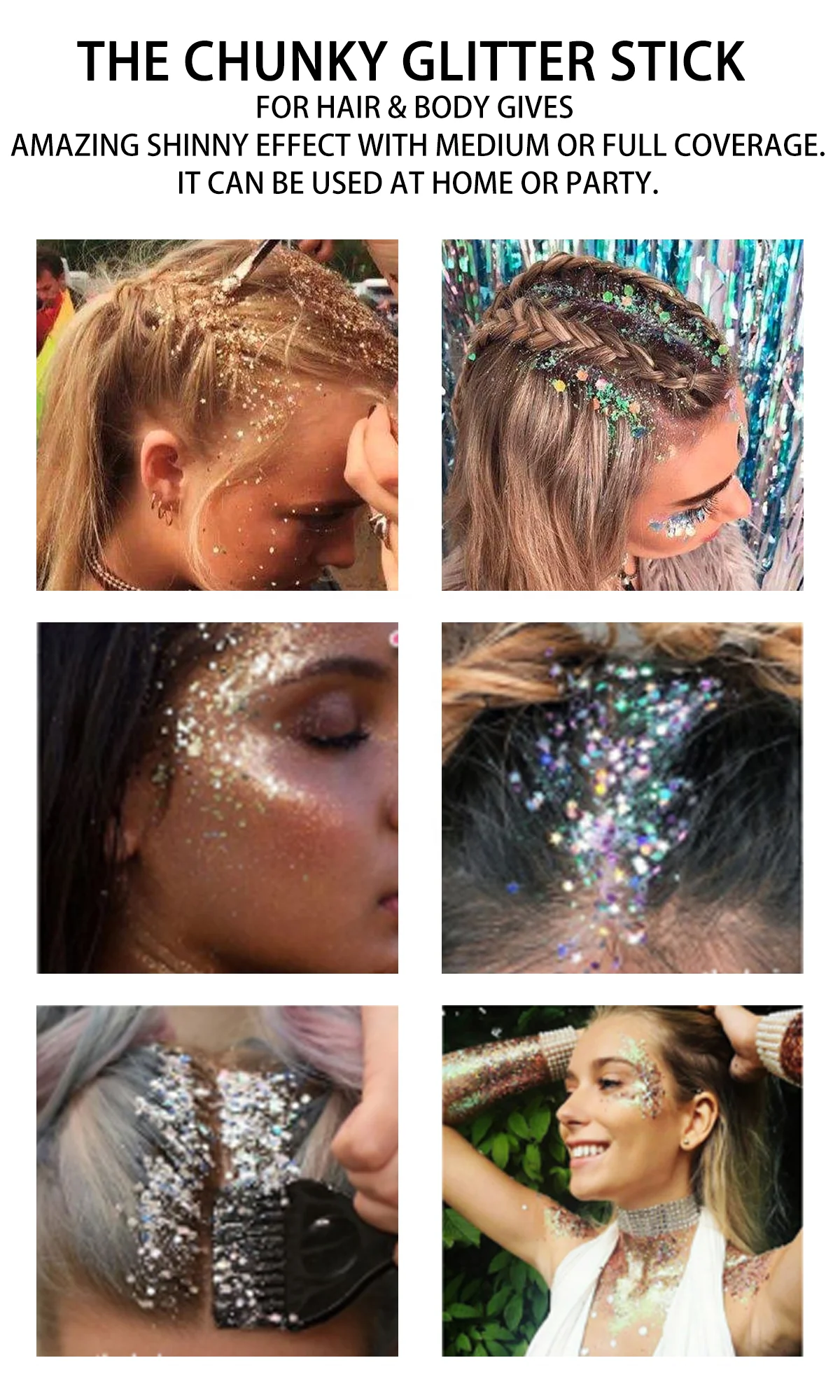 Pink Gold Purple  Glitter Stick Strong Hold Shining Beautiful Colorful  for Face Hair Body