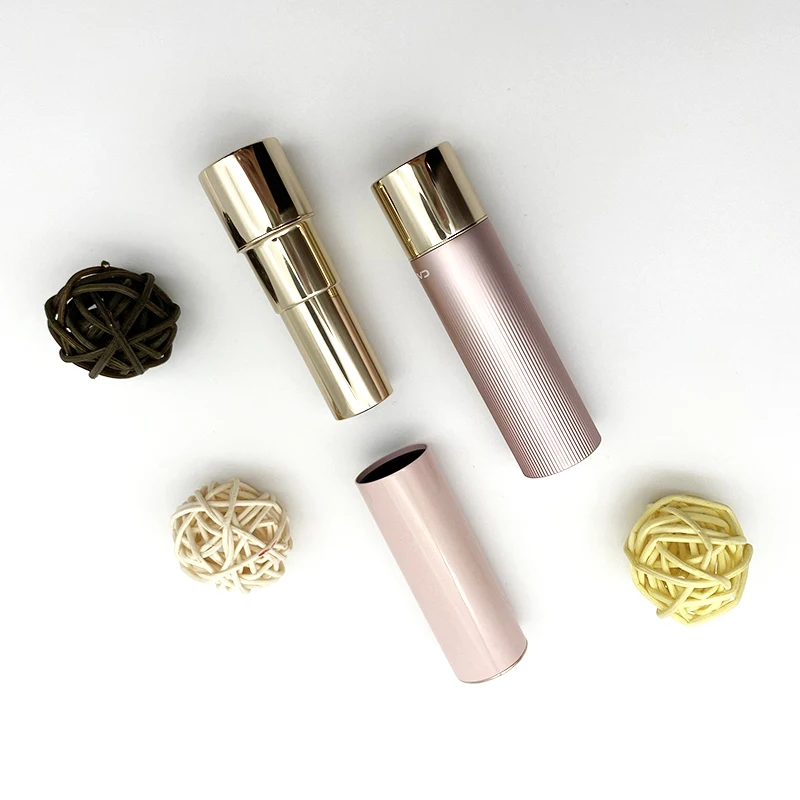 Empty pink gold round lipstick tube vertical fine Stripe three parts additional top metal piece flat inner tube click top tube