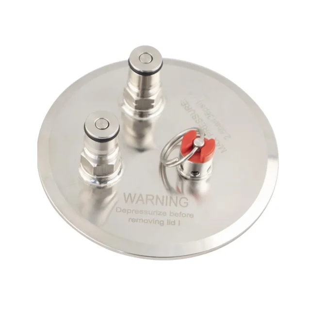 4 in. Tri-Clamp Lid with Ball Lock Posts and relief valve for homebrewing conical fermenter