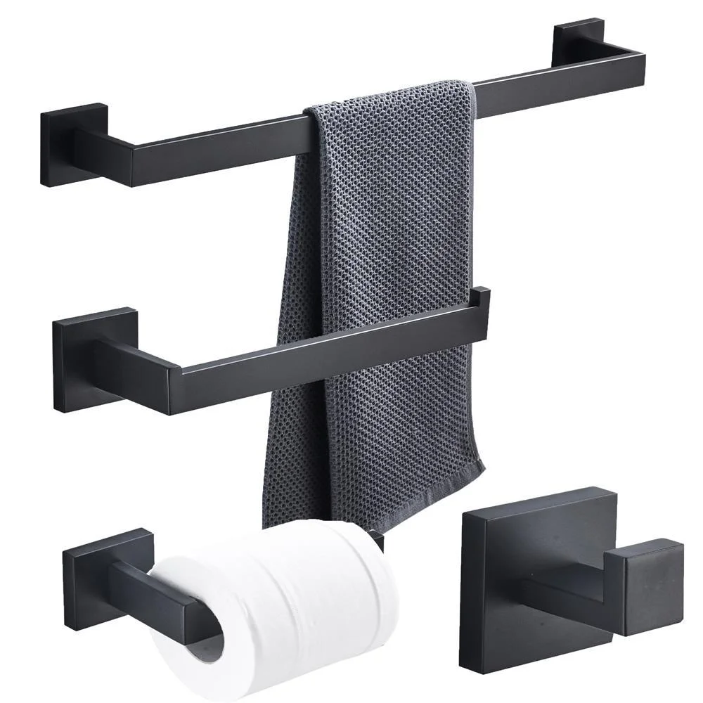 Luxury Black Bathroom Accessories 4 Piece Modern Stainless Steel Wall Mounted Towel Rack Bar Shelf Bath Hardware Fittings Set