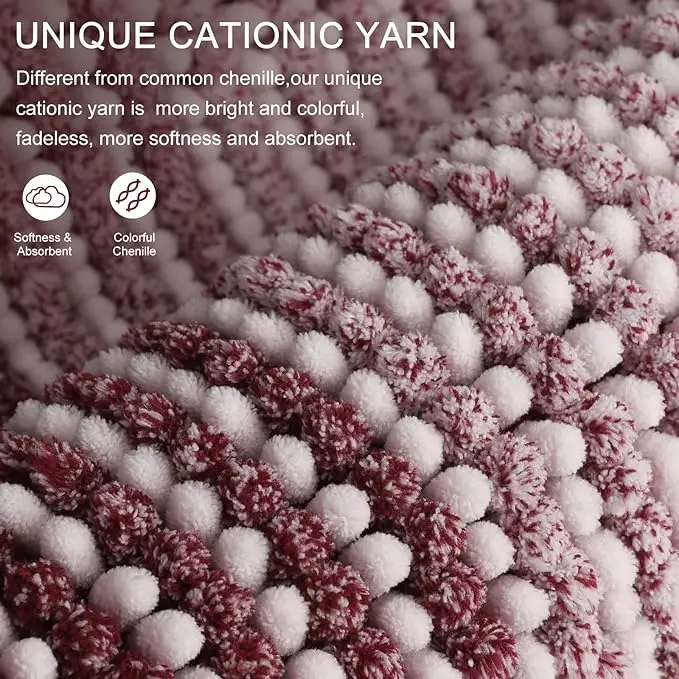 Burgundy Striped Cationic Chenille Bath Mats anti-sliping Mats For Shower Absorbent Sustainable Rugs