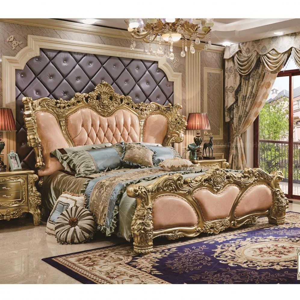 French heavy carved furniture bedroom set royal luxury pink leather queen size bed design