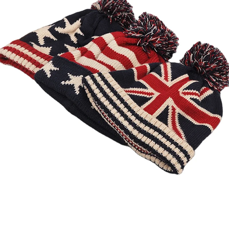 
Wholesale America UK England London National Union Jack Flag Knitted Beanie Ski Hat Winter Striped Beanie Hat 